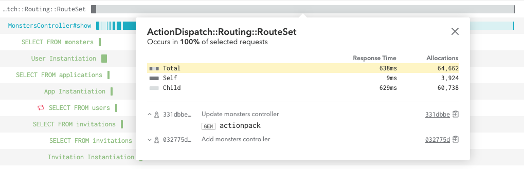 Screenshot showing detail card with source location for Rails router